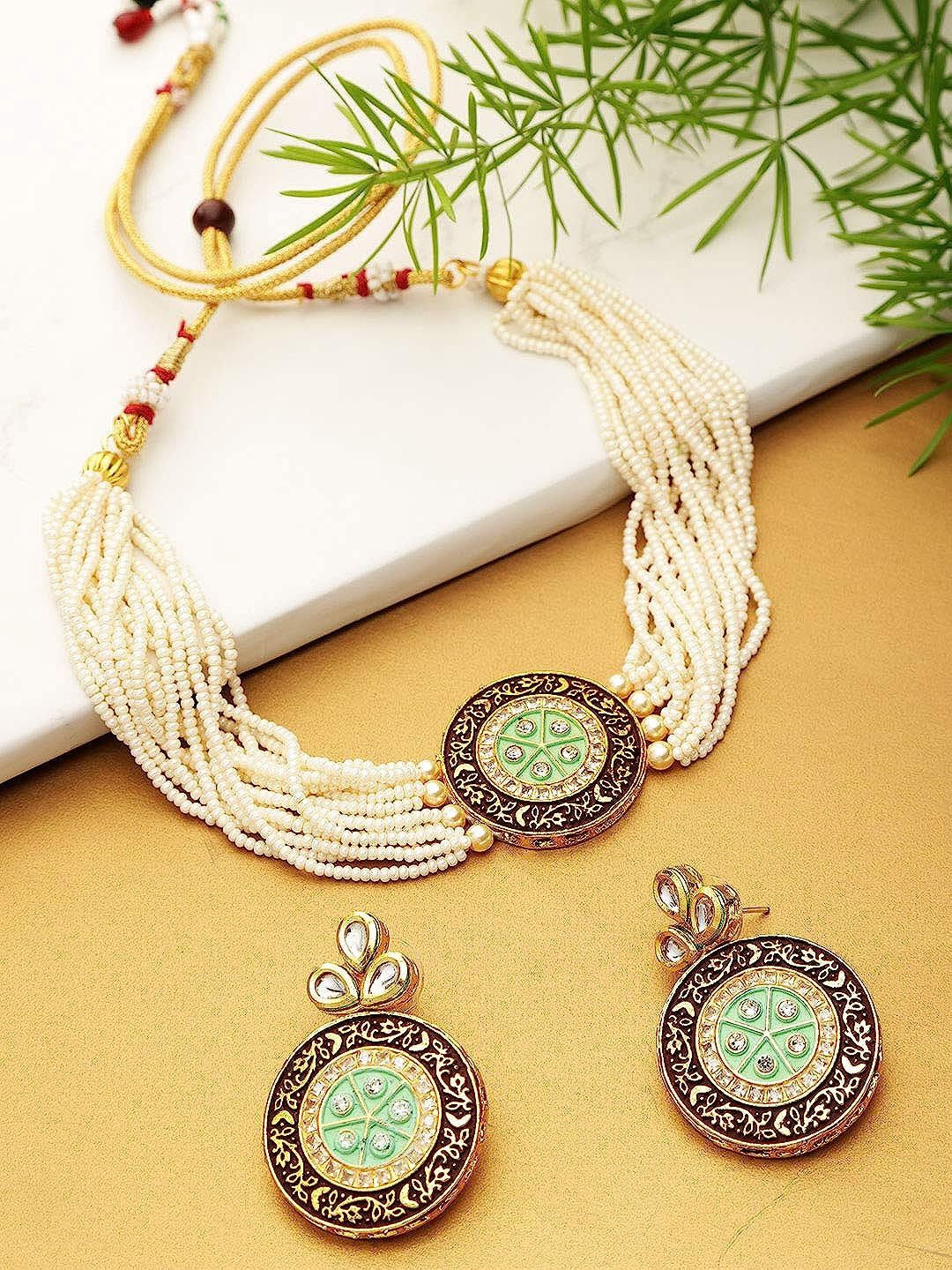 

DIVASTRI Gold-Plated Artificial Stone-Studded & Beaded Jewellery Set