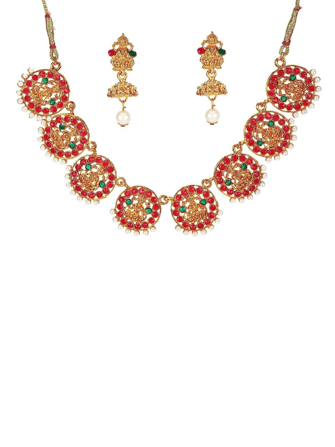 

DIVASTRI Gold-Plated Artificial Stone-Studded & Beaded Temple Jewellery Set