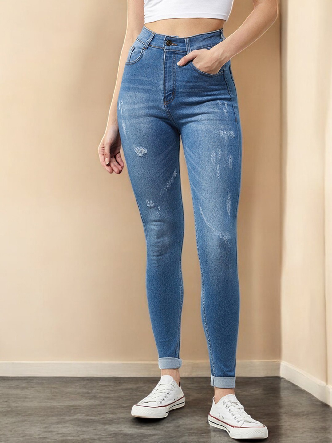 

DOLCE CRUDO Women Skinny Fit High-Rise Mildly Distressed Stretchable Jeans, Blue