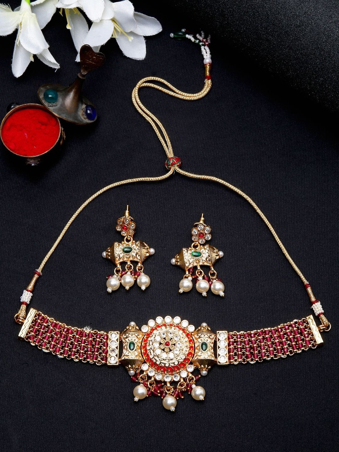 

DIVASTRI Gold-Plated Artificial Stone-Studded & Beaded Jewellery Set