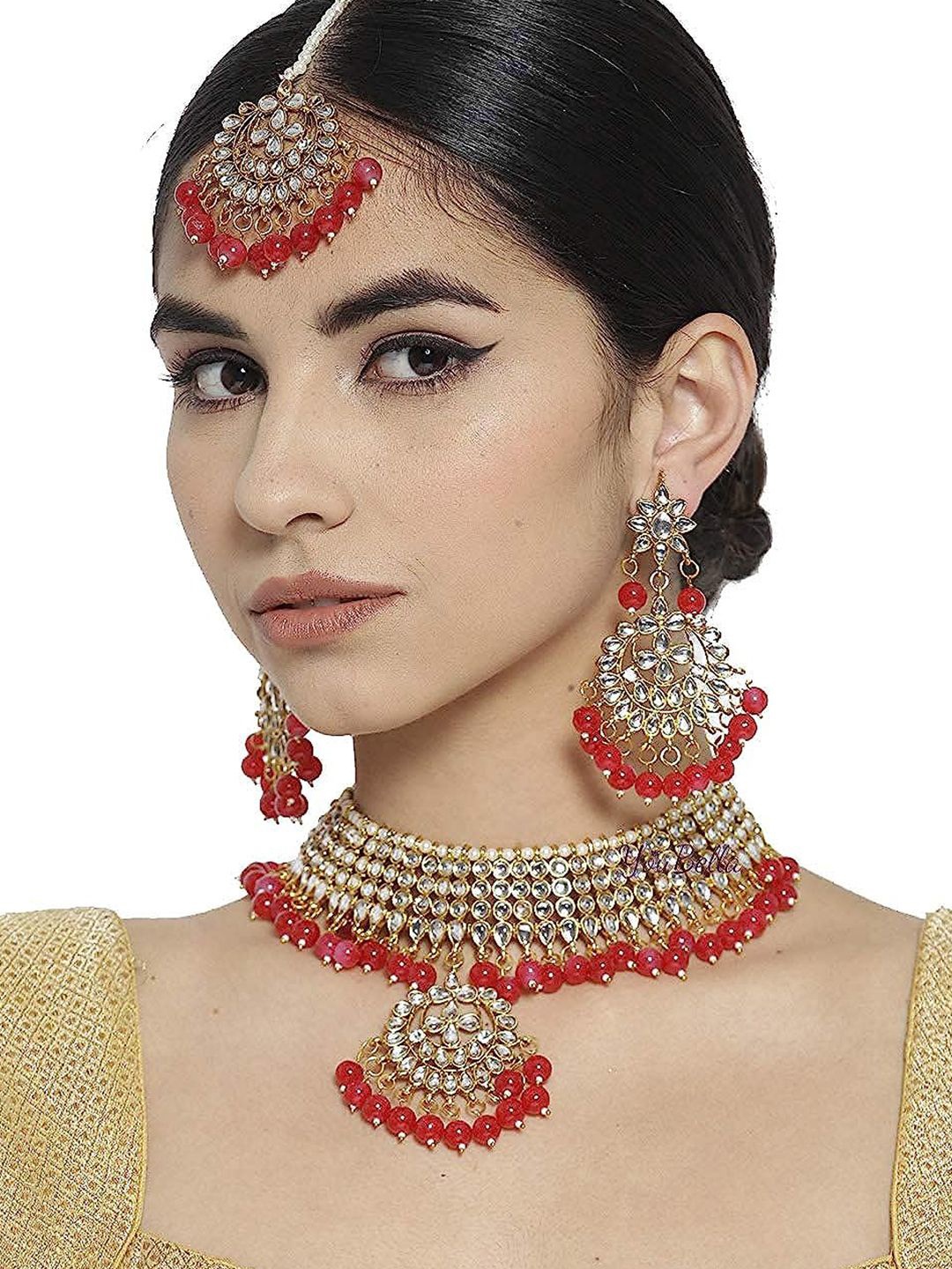 

DIVASTRI Set Of 4 Gold-Plated Stones-Studded & Beaded Jewellery Set