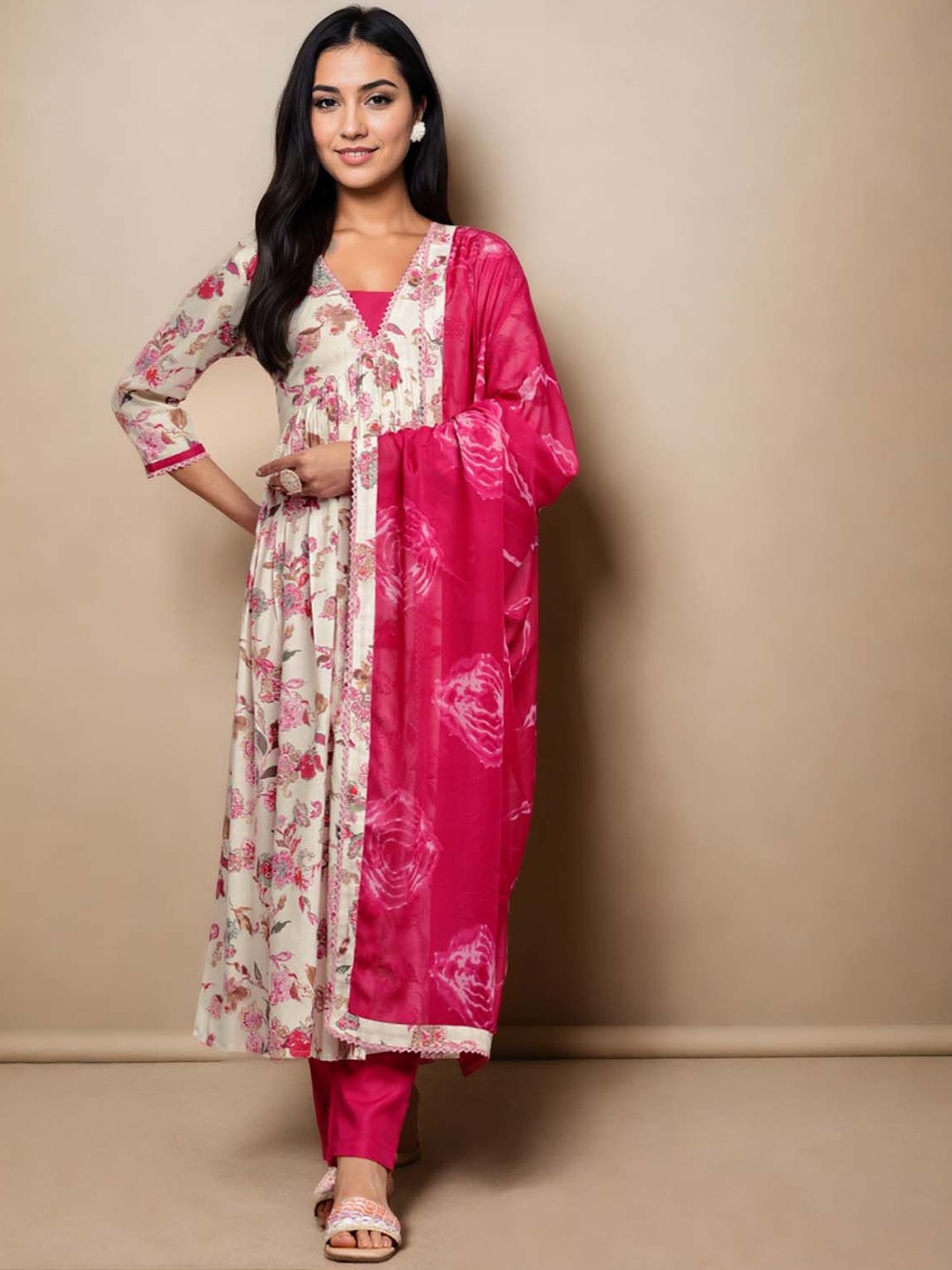 

sagarika Women Floral Printed Pleated Pure Cotton Kurta with Trousers & With Dupatta, Off white