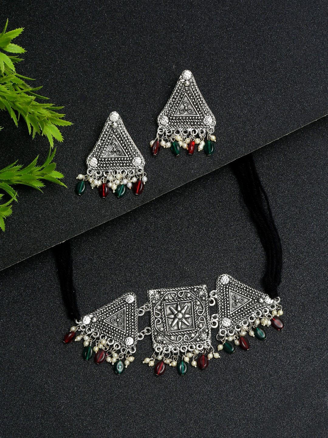 

DIVASTRI Silver-Plated Artificial Stone-Studded & Beaded Jewellery Set