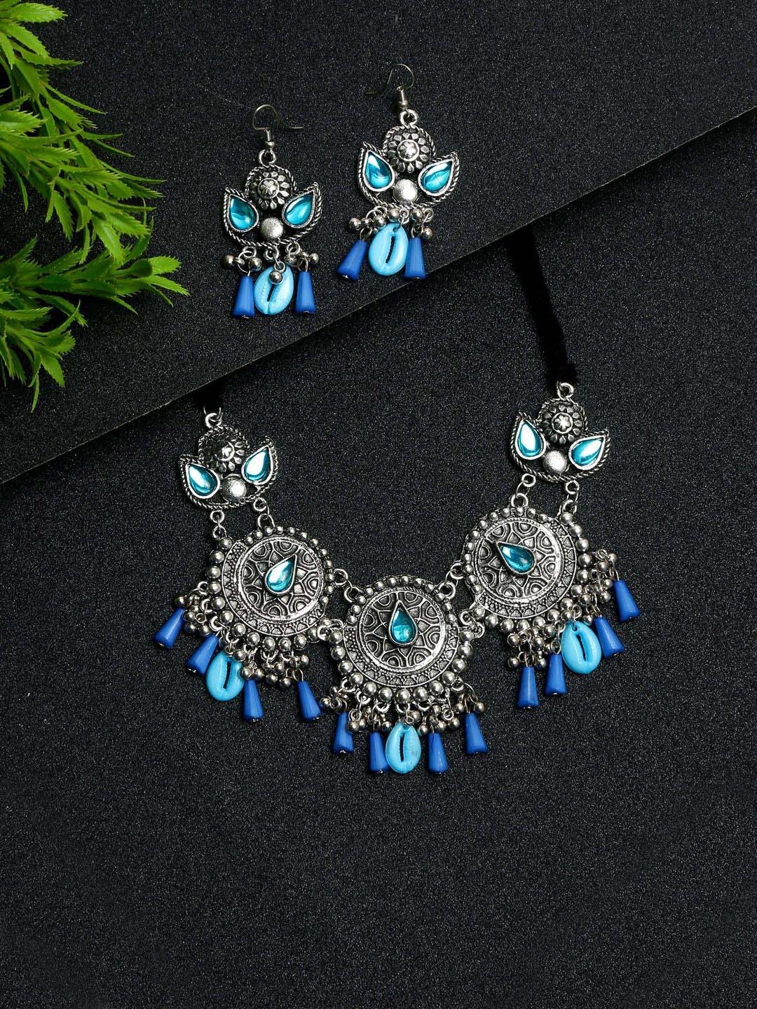 

DIVASTRI Silver-Plated Stone-Studded & Beaded Jewellery Set