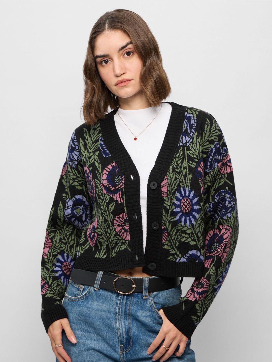The Souled Store Women Floral Printed Cardigan, Black