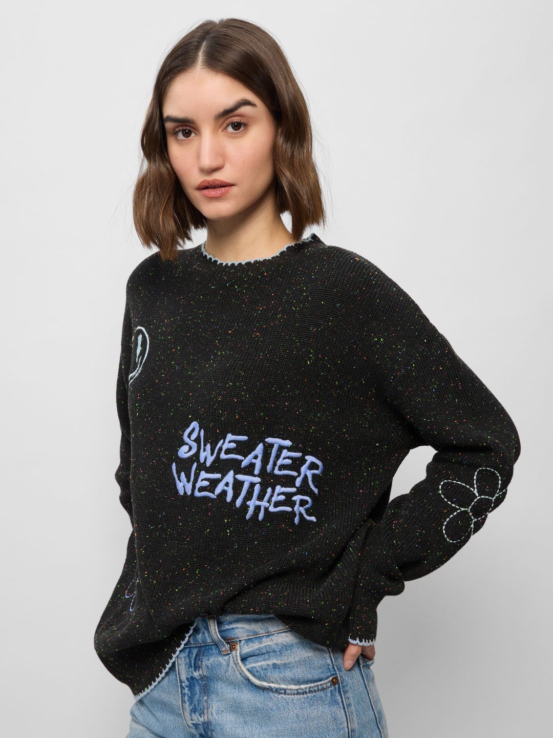 

The Souled Store Women Typography Pullover with Embroidered Detail, Black