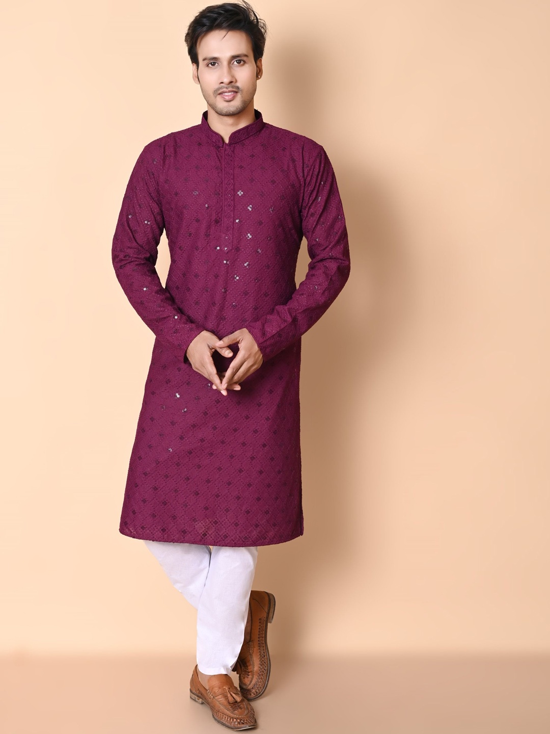 

BAESD Men Embroidered Regular Sequinned Kurta with Pyjamas, Purple