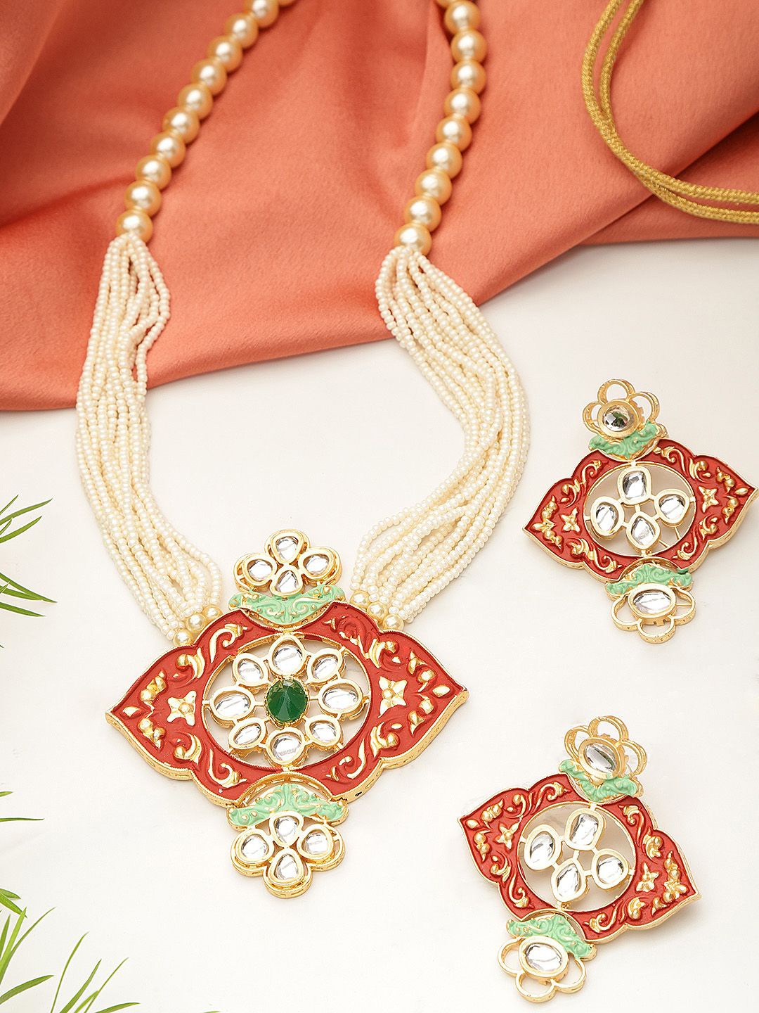 

DIVASTRI Red Pearl Beaded Multistrand Jewellery Set, Off white