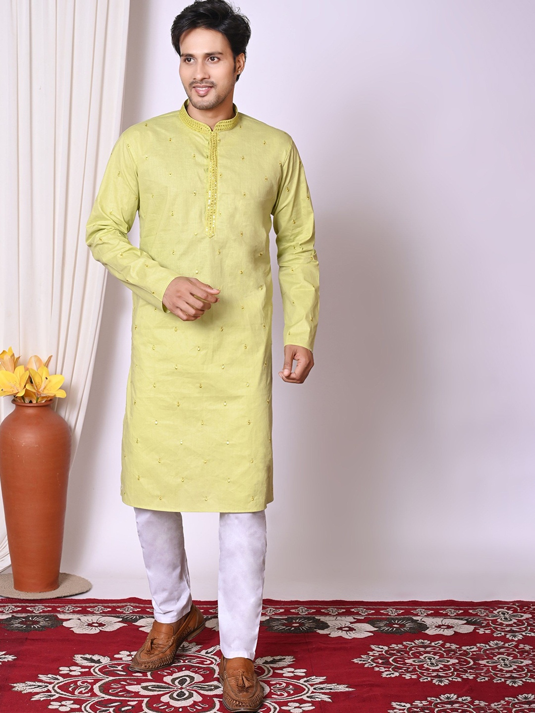 

BAESD Men Embroidered Regular Sequinned Pure Cotton Kurta with Pyjamas, Olive