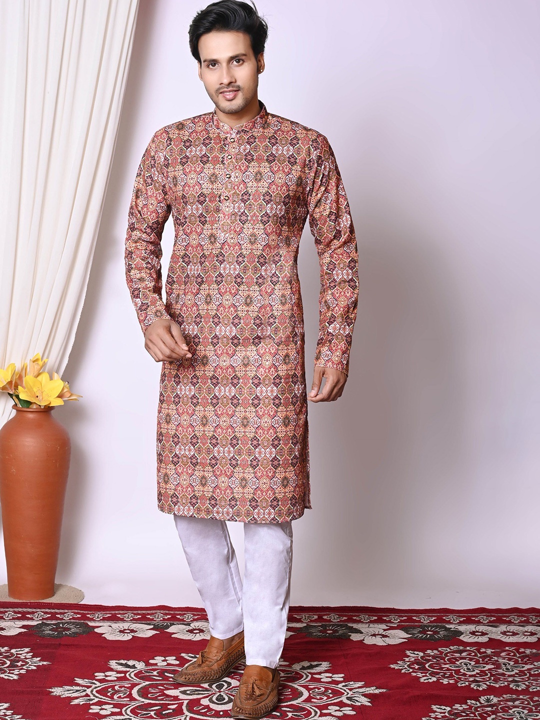 BAESD Men Embroidered Regular Sequinned Kurta with Pyjamas, Peach