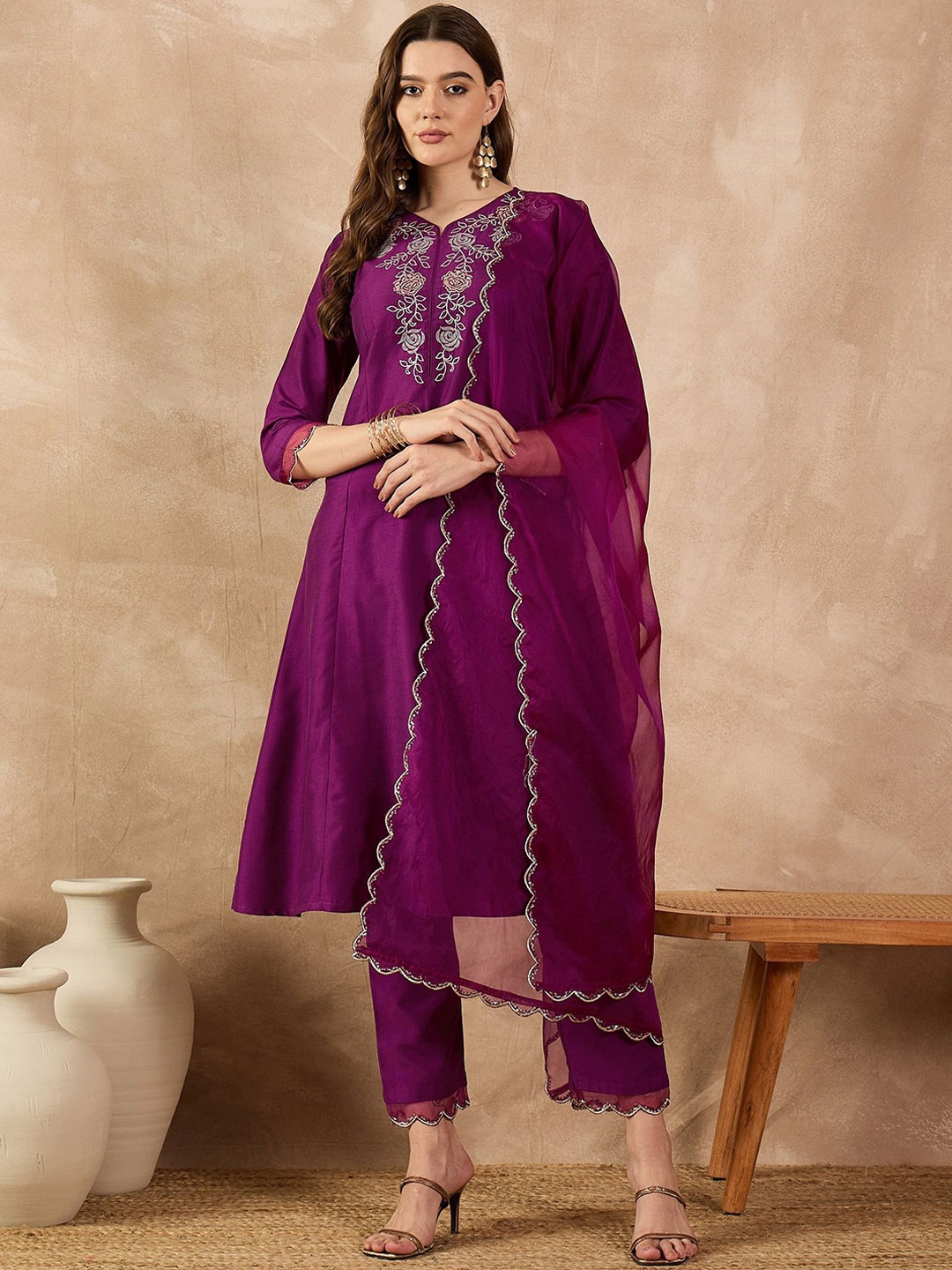 

all about you Women Embroidered Regular Kurta with Trousers & With Dupatta, Purple