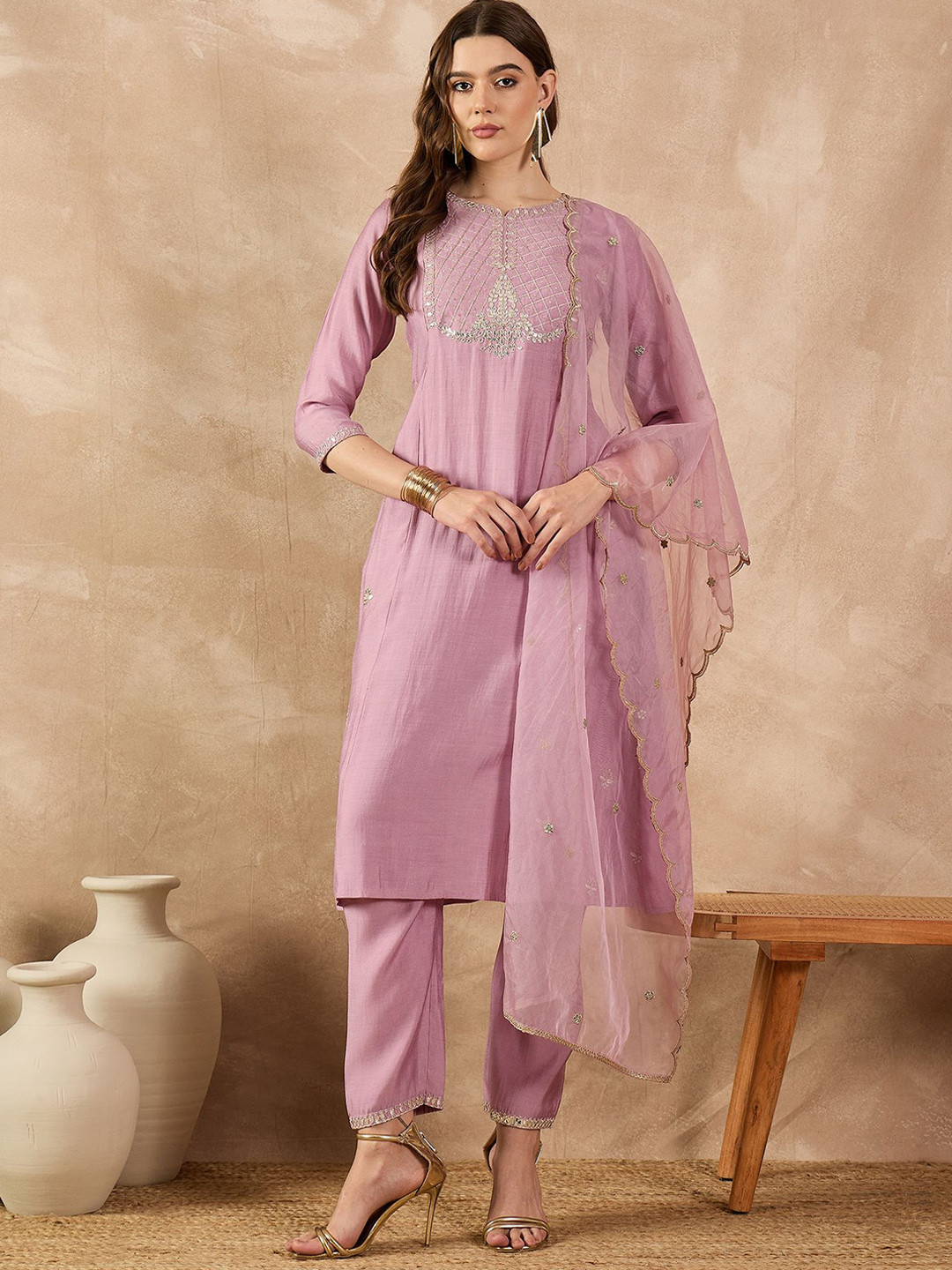

all about you Women Embroidered Regular Chanderi Silk Kurta with Trousers & With Dupatta, Mauve