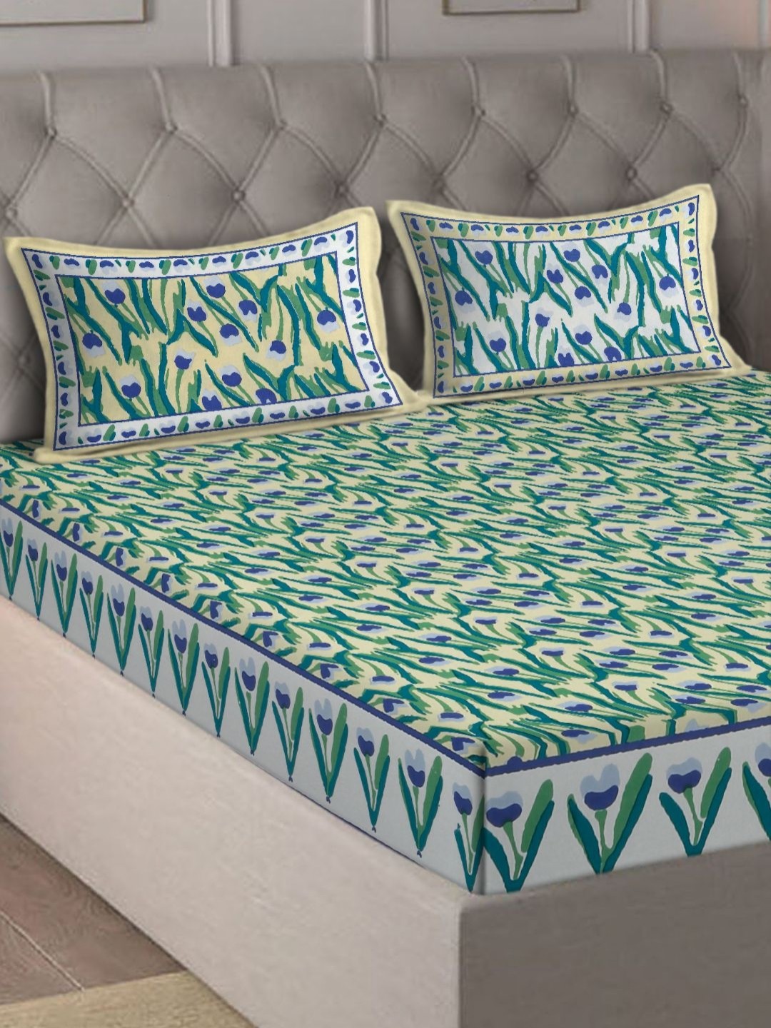 

eyda Lime Green Floral 180 TC King Bedsheet with 2 Pillow Covers