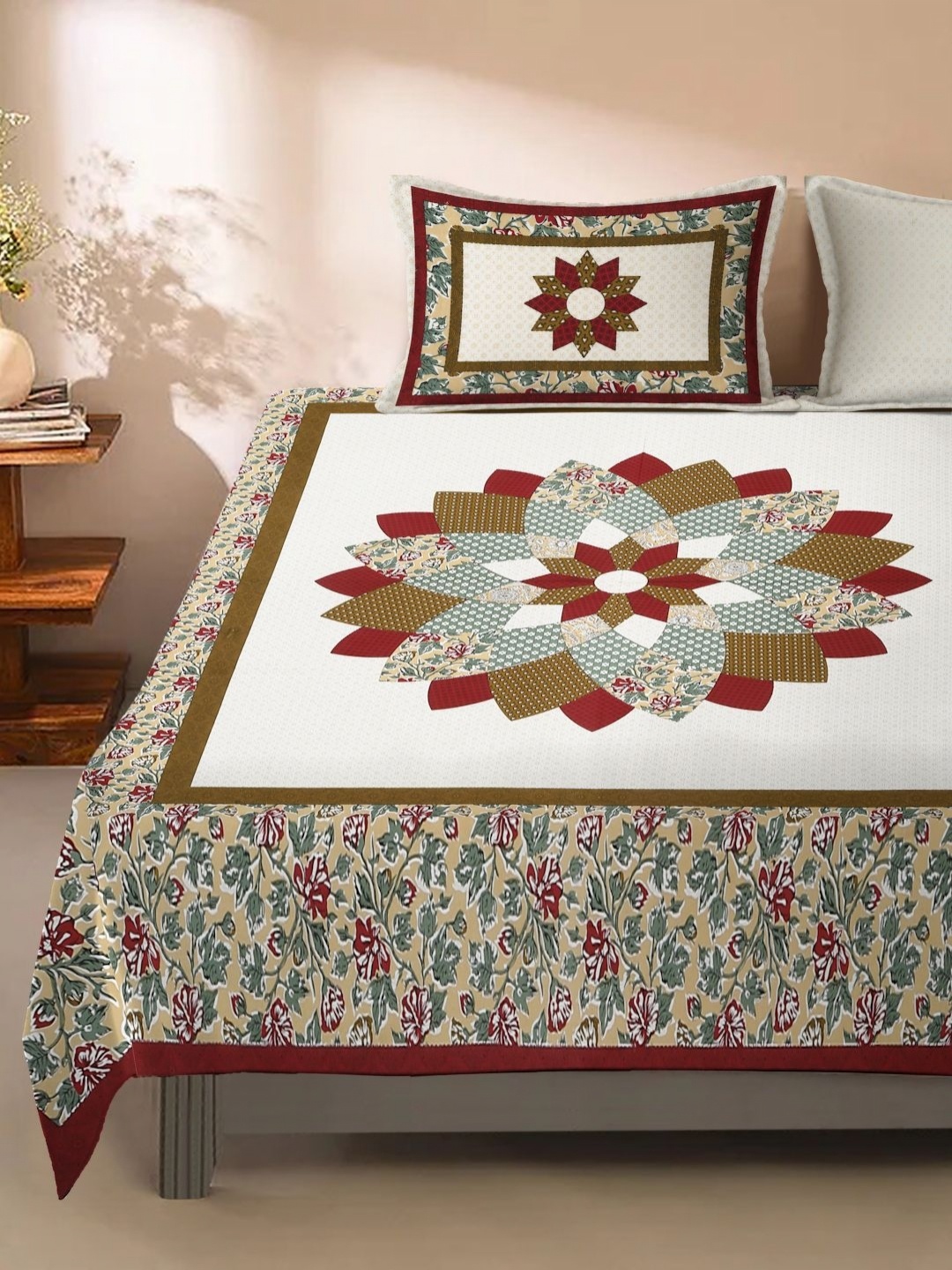 

eyda Multicoloured Ethnic Motifs 180 TC King Bedsheet with 2 Pillow Covers, White