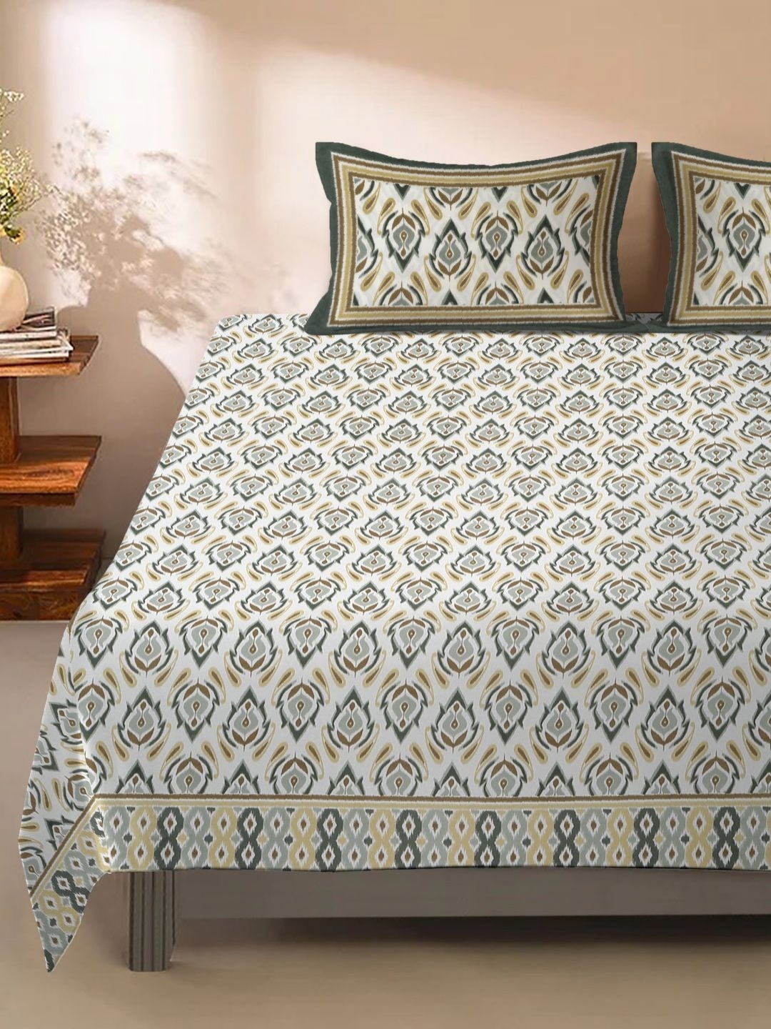 

eyda Multicoloured Ethnic Motifs 180 TC King Bedsheet with 2 Pillow Covers, White