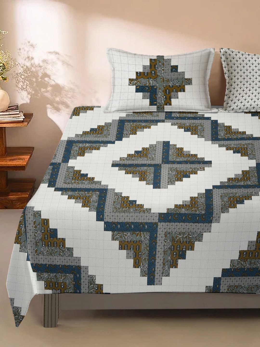 eyda Multicoloured Geometric 180 TC King Bedsheet with 2 Pillow Covers, White