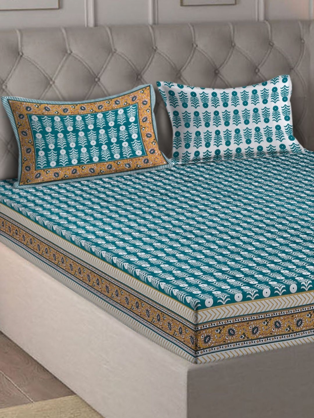 

eyda Teal Floral 180 TC King Bedsheet with 2 Pillow Covers