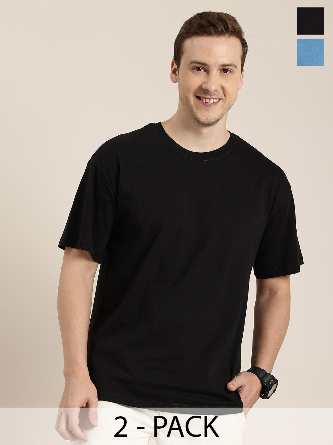

HERE&NOW Pack Of 2 Pure Cotton Printed Relaxed Fit T-shirt, Black