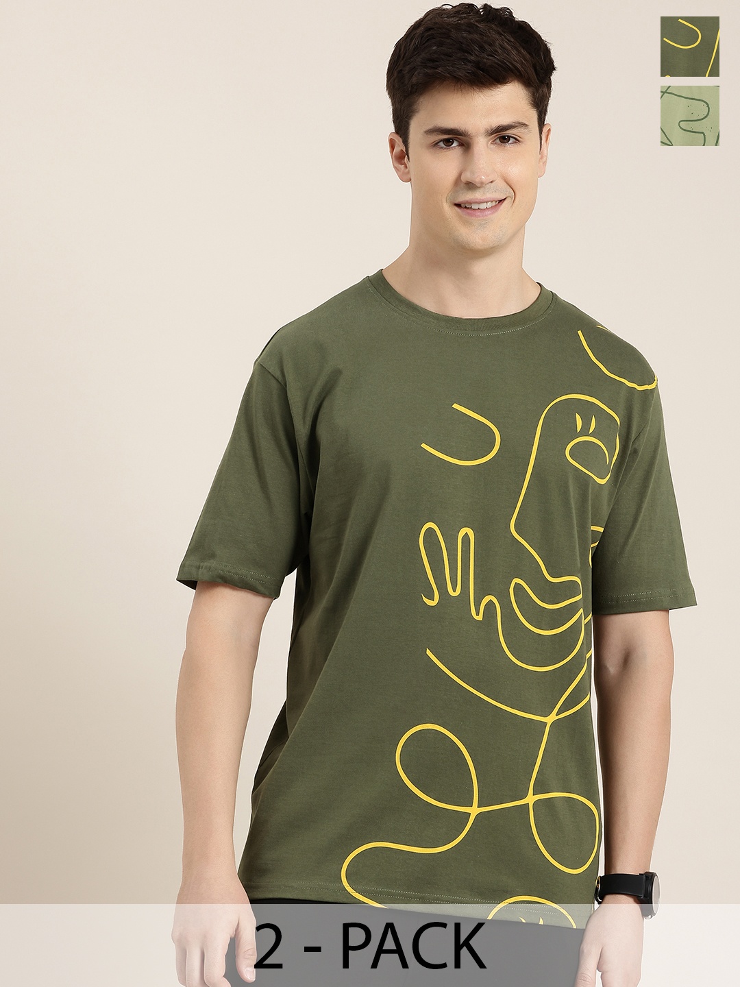 

HERE&NOW Pack Of 2 Printed Drop-Shoulder Sleeves Pure Cotton Relaxed Fit T-shirt, Green