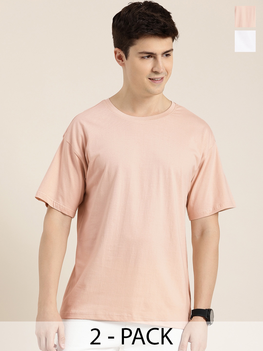 

HERE&NOW Pack of 2 Drop-Shoulder Sleeves Pure Cotton T-shirts, White