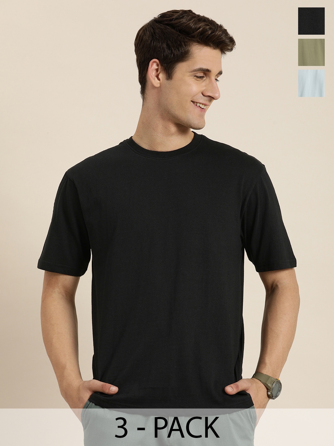 

HERE&NOW Pack of 3 Graphic Printed Drop-Shoulder Sleeves T-shirt, Black
