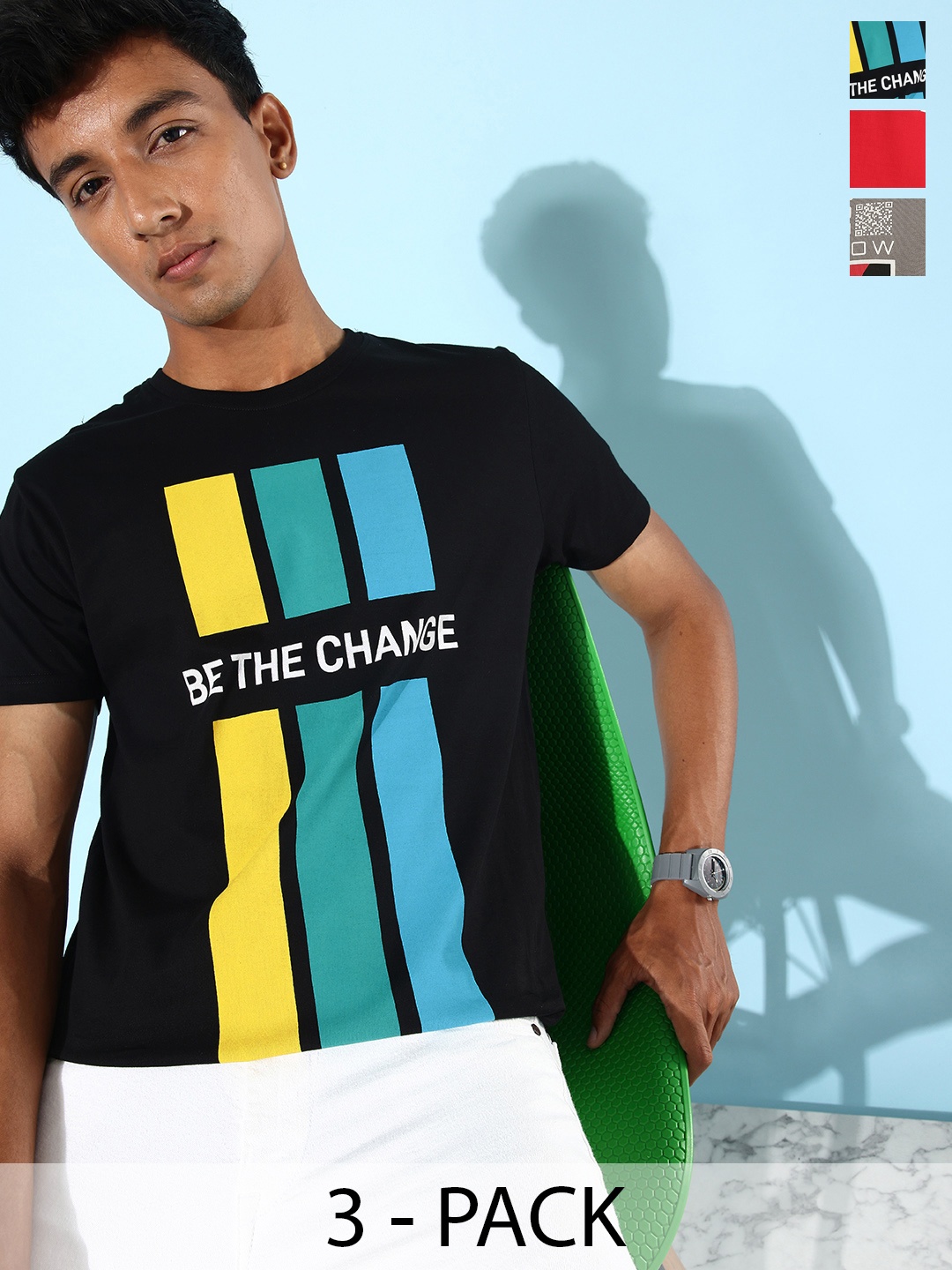 

HERE&NOW Pack Of 3 Graphic Printed Pure Cotton T-shirt, Black