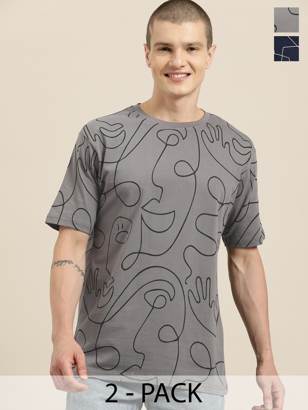 

HERE&NOW Pack 2 Printed Drop-Shoulder Sleeves Pure Cotton T-shirt, Navy blue