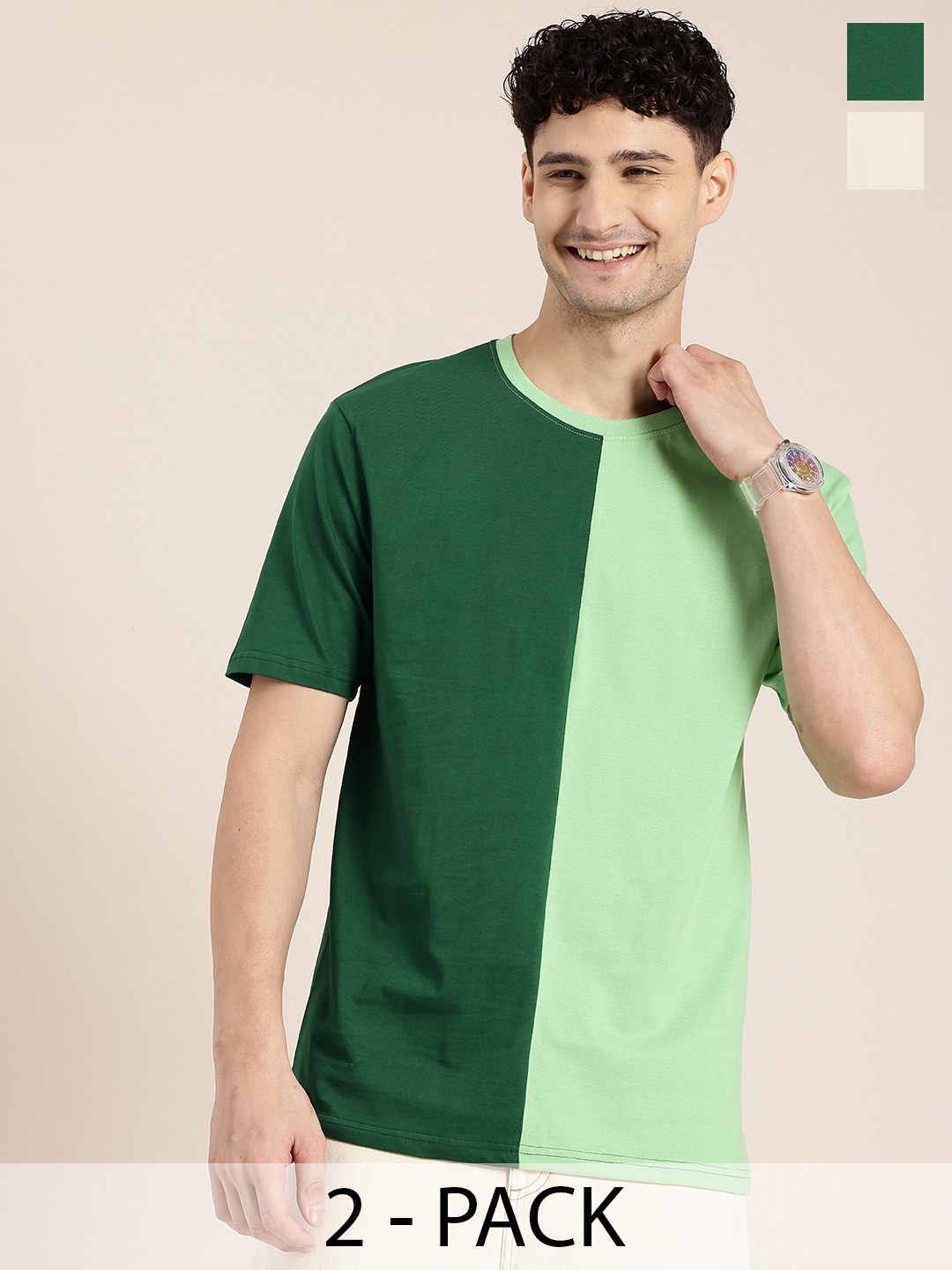 

HERE&NOW Pack Of 2 Pure Cotton Relaxed Fit T-shirt, Green