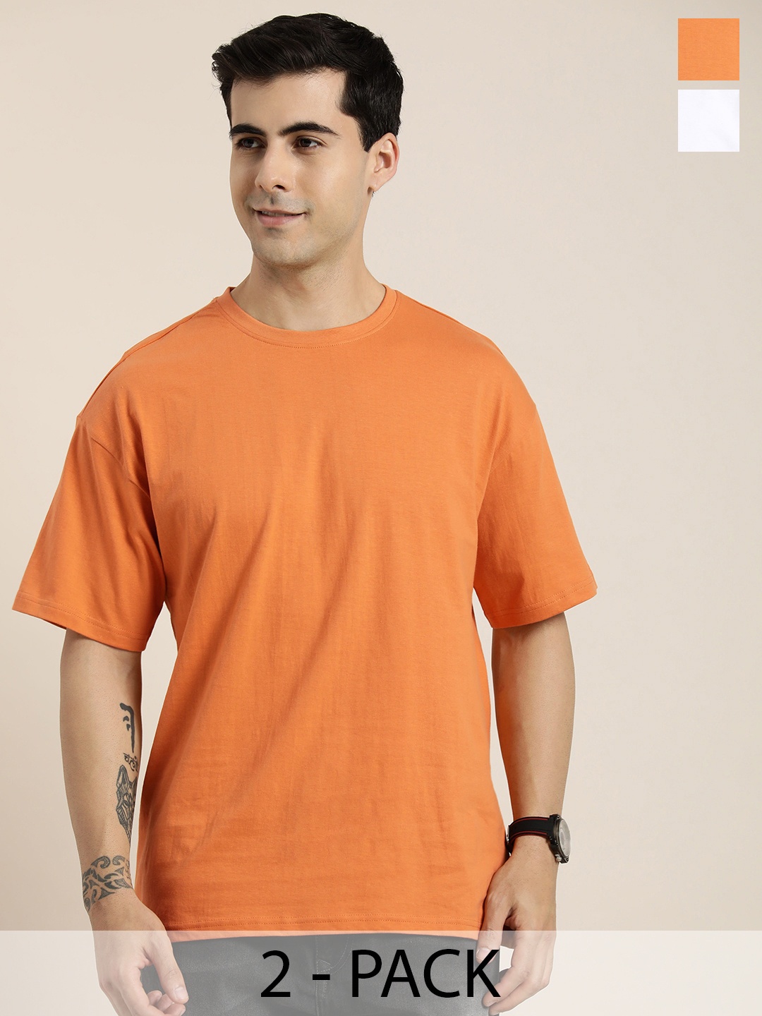 

HERE&NOW Pack Of 2 Printed Drop-Shoulder Sleeves Pure Cotton Relaxed Fit T-shirt, Orange