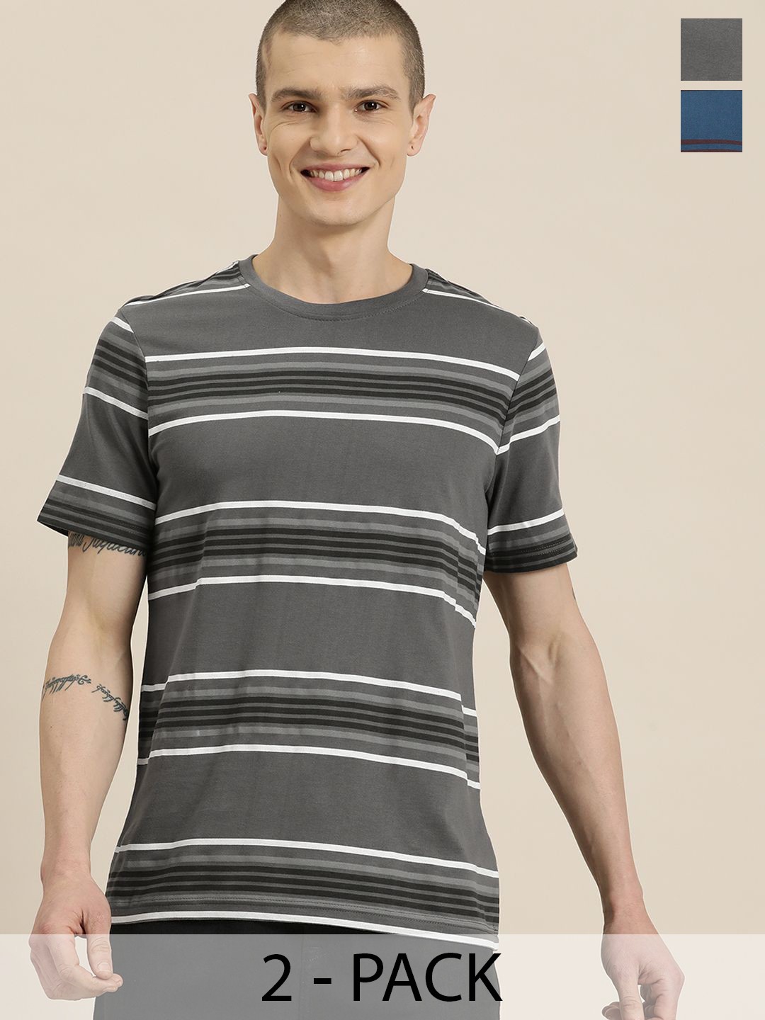 

HERE&NOW Pack Of 2 Striped T-shirt, Grey