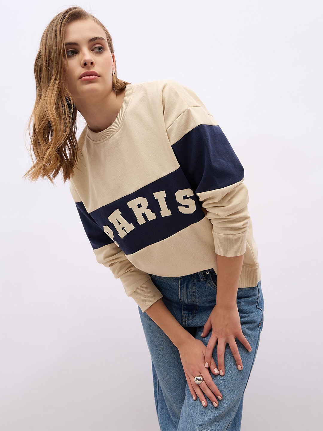 

Styli Women Colourblocked Oversized Regular Length Sweatshirt, Off white