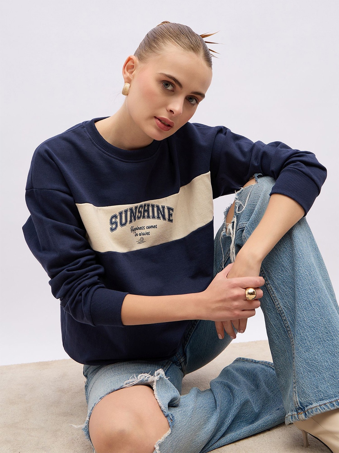 

Styli Women Colourblocked Oversized Regular Length Sweatshirt, Navy blue