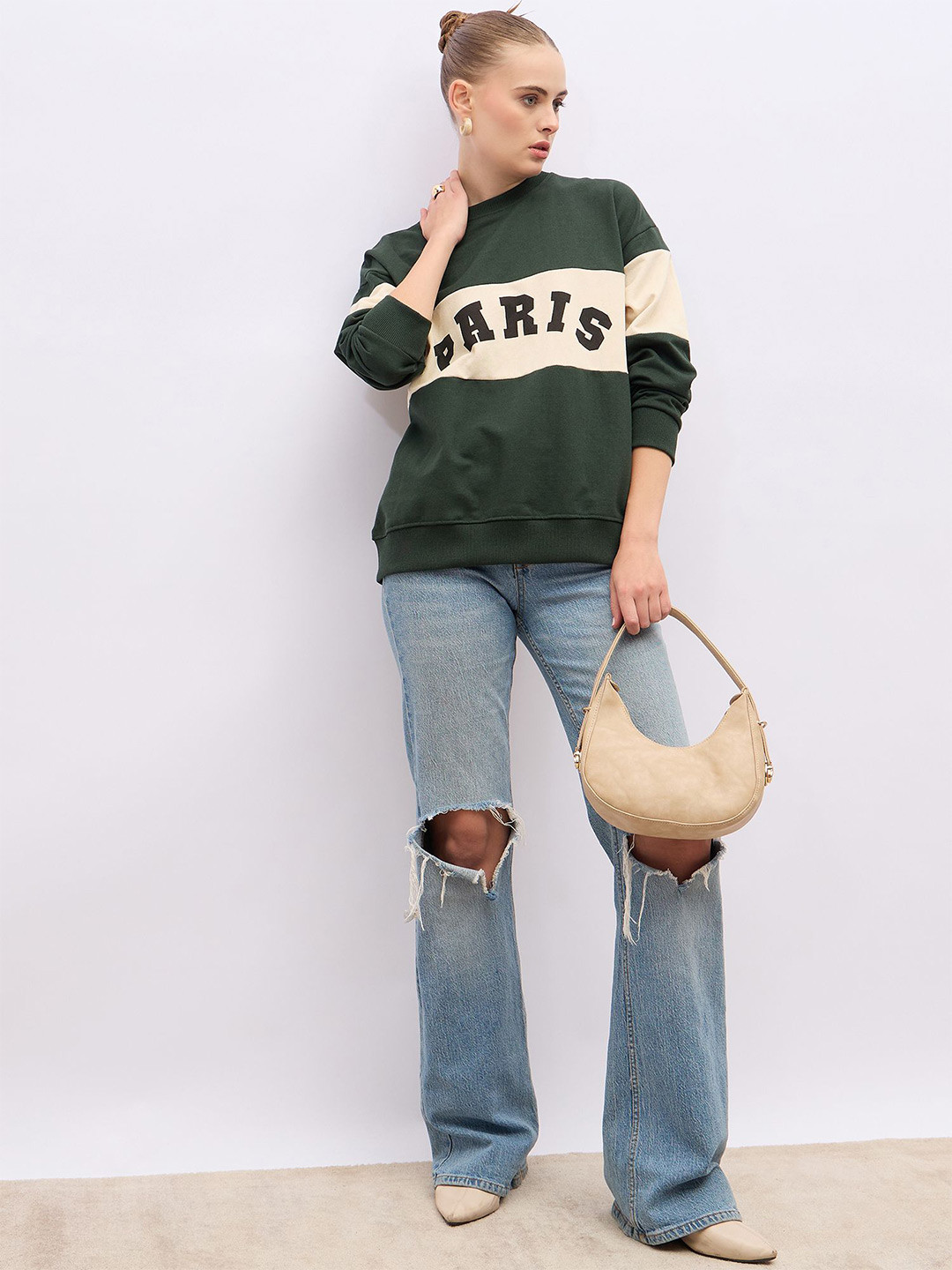 

Styli Women Oversize Fit Regular Length Colorblocked Sweatshirt, Teal