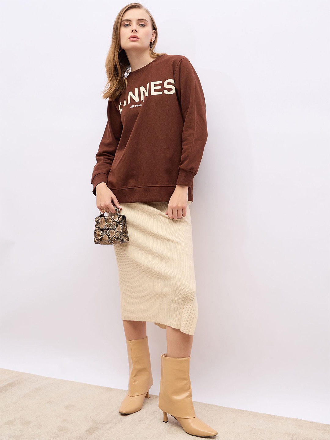 

Styli Women Regular Fit Long Length Sweatshirt With Side Slit, Brown