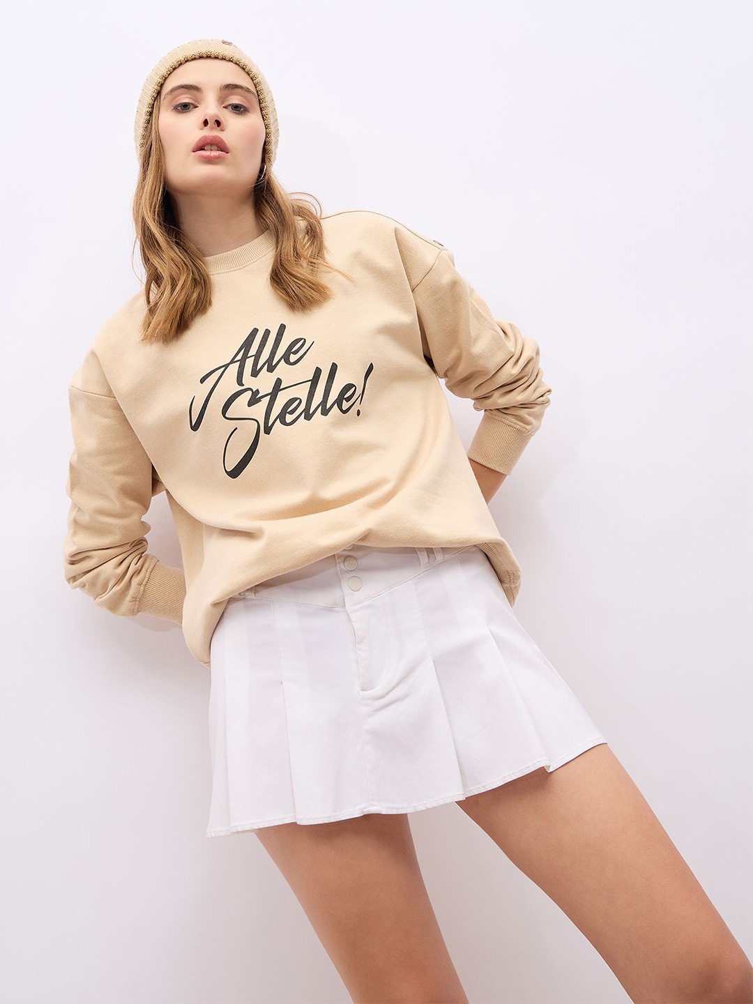 

Styli Women Oversize Fit Regular Length Slogan Shoulder Button Sweatshirt, Beige