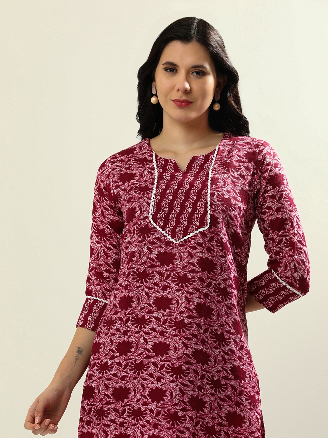 

Jaipur Kurti Women Floral Yoke Design Regular Gotta Patti Kurta with Trousers, Maroon