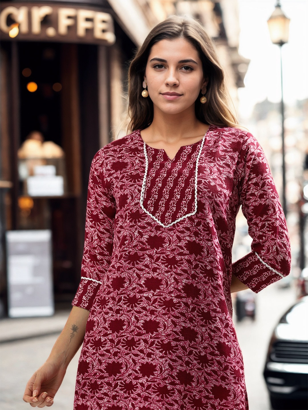 

Jaipur Kurti Women Floral Yoke Design Regular Gotta Patti Kurta with Trousers, Maroon