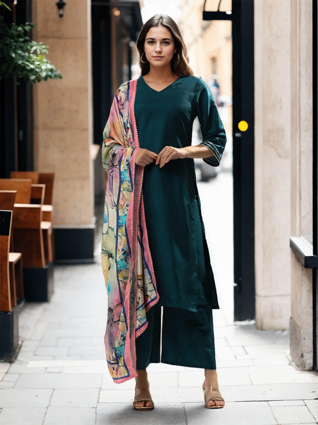 

Jaipur Kurti Women Regular Gotta Patti Kurta with Palazzos & With Dupatta, Green