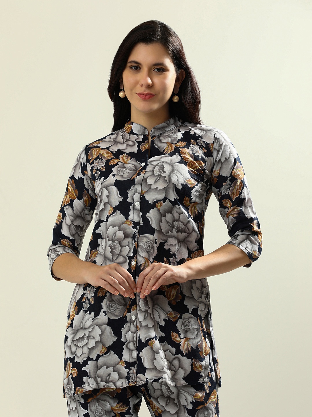 

Jaipur Kurti Printed Pure Cotton Tunic With Trouser Co-Ords, Navy blue
