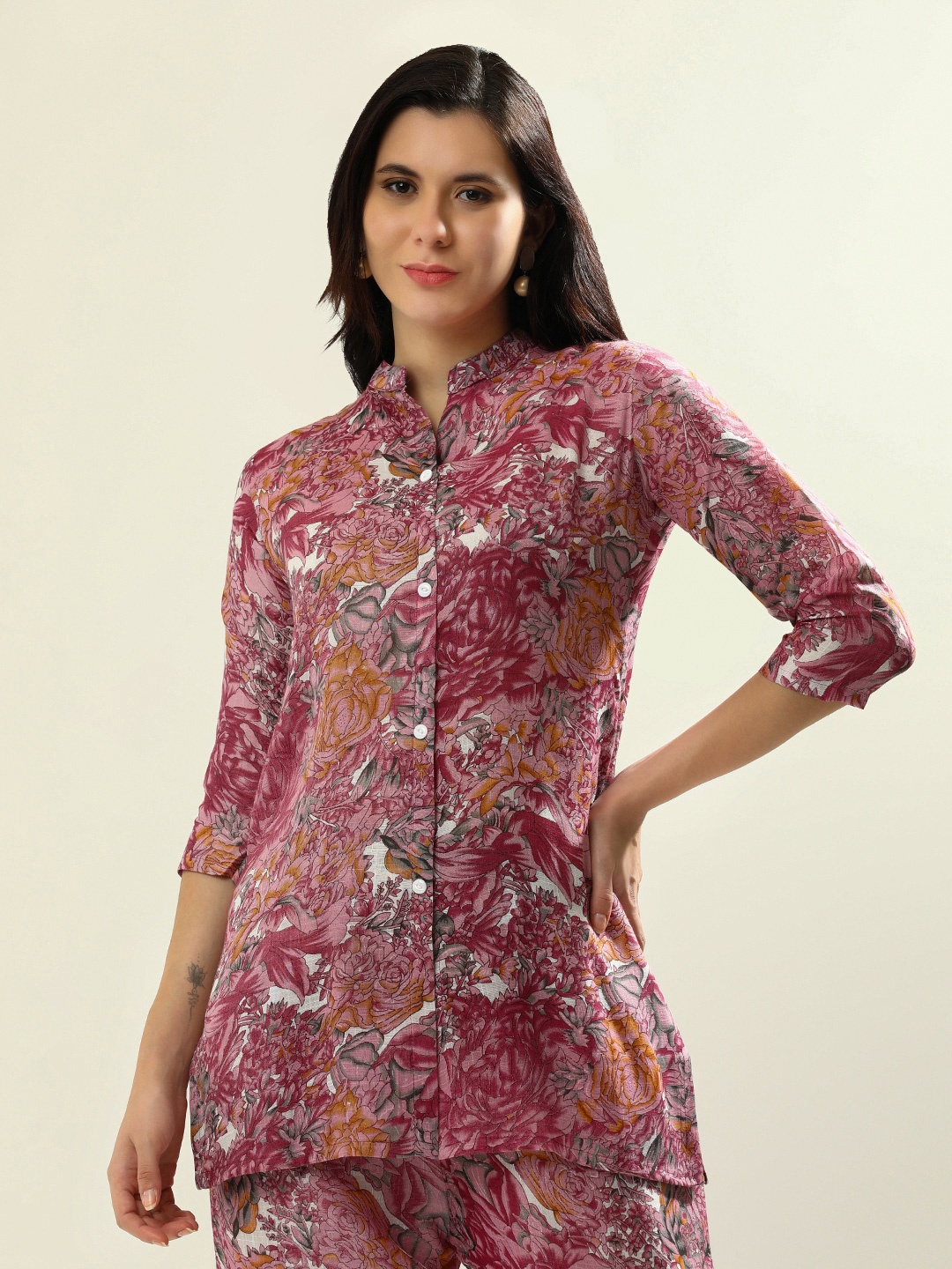 

Jaipur Kurti Printed Pure Cotton Tunic With Trouser Co-Ords, Pink