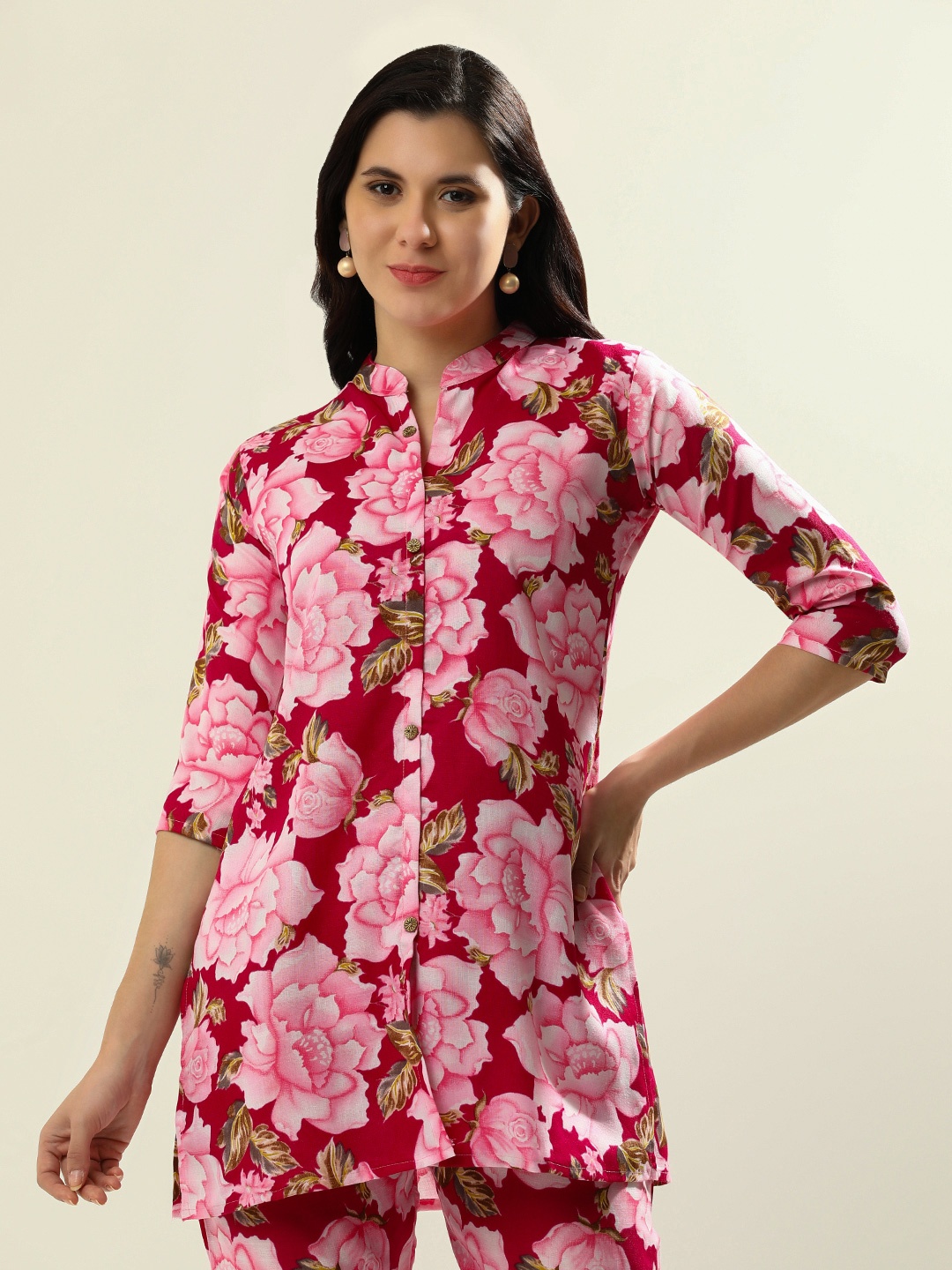 

Jaipur Kurti Printed Pure Cotton Tunic With Trouser Co-Ords, Fuchsia