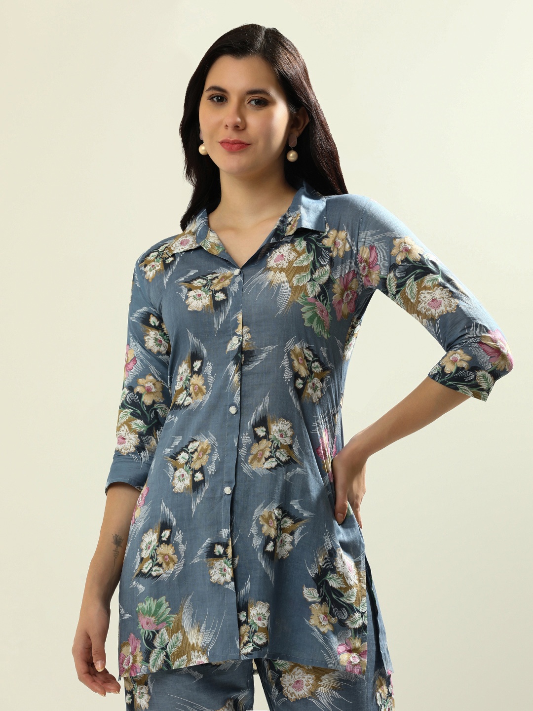 

Jaipur Kurti Printed Pure Cotton Tunic With Trouser Co-Ords, Grey
