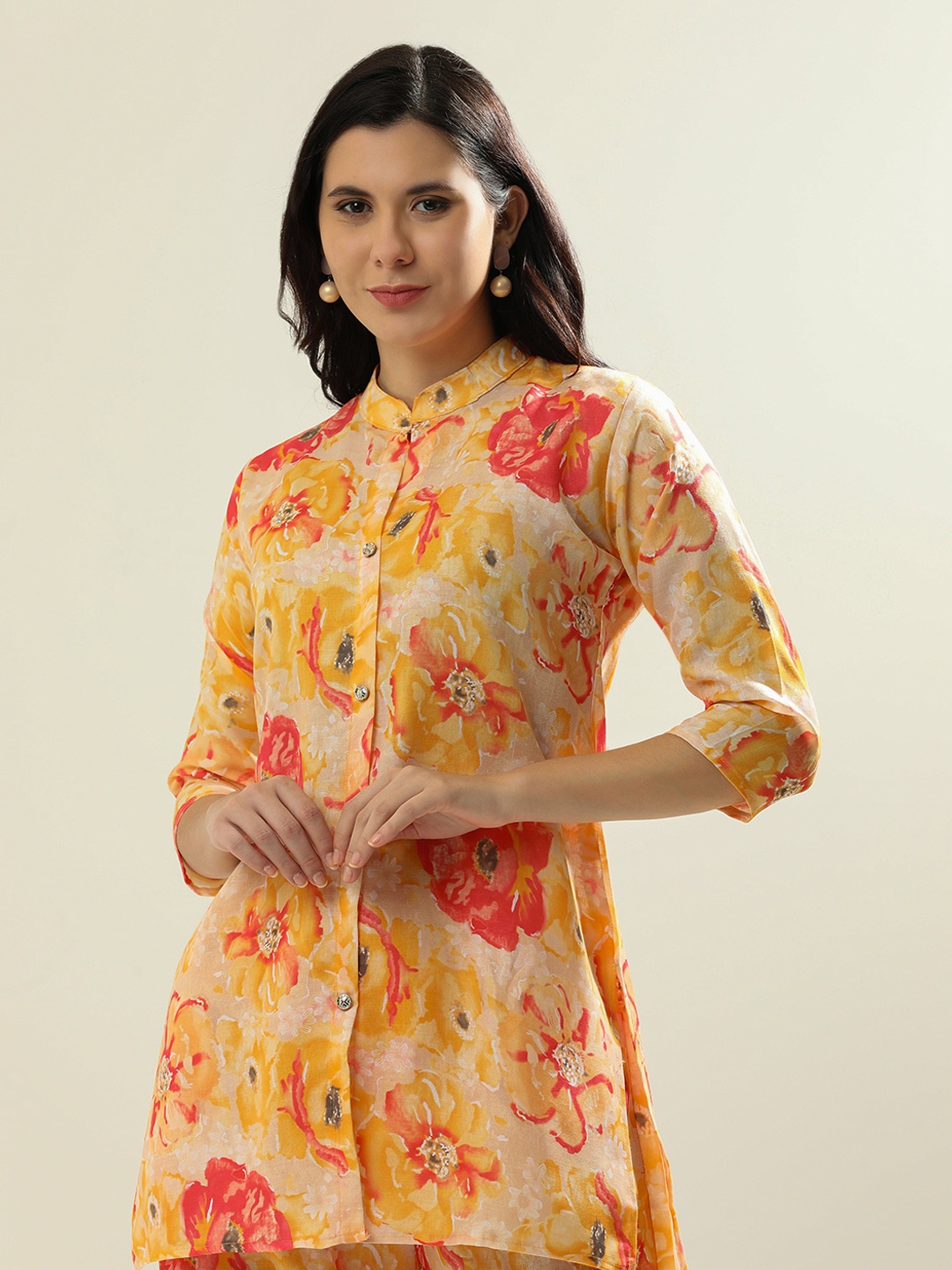 

Jaipur Kurti Printed Pure Cotton Tunic With Trouser Co-Ords, Yellow