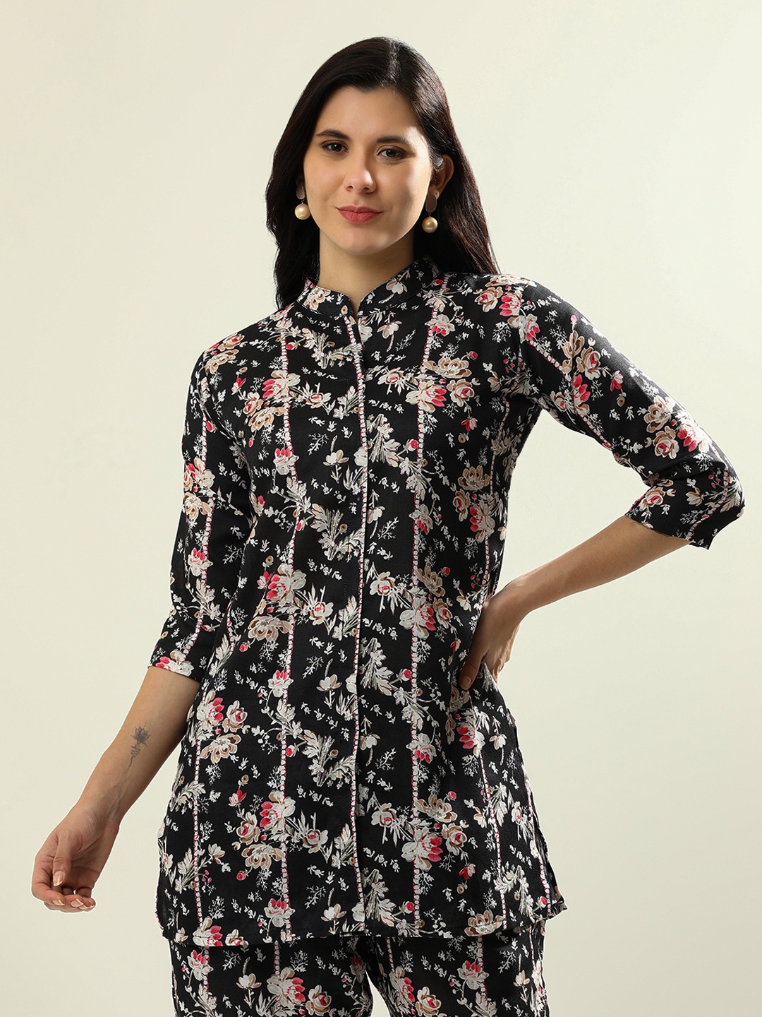 

Jaipur Kurti Printed Pure Cotton Tunic With Trouser Co-Ords, Black