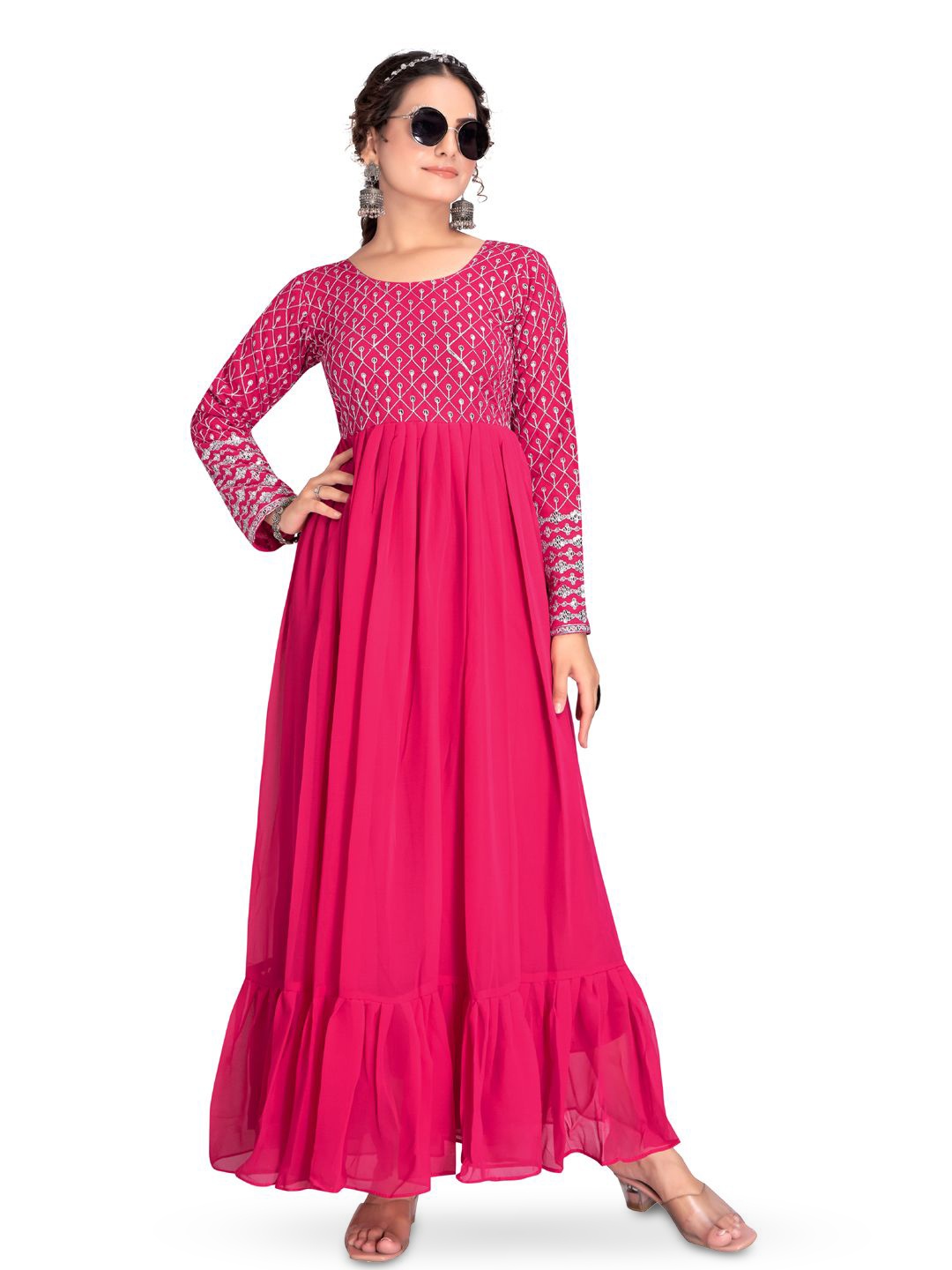 

AKSHARAM Floral Embroidered Georgette Fit & Flare Maxi Dress, Pink