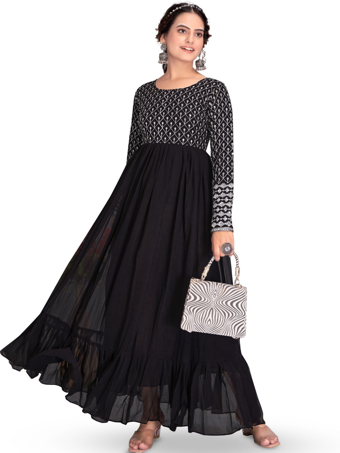 

AKSHARAM Floral Embroidered Georgette Fit & Flare Maxi Dress, Black