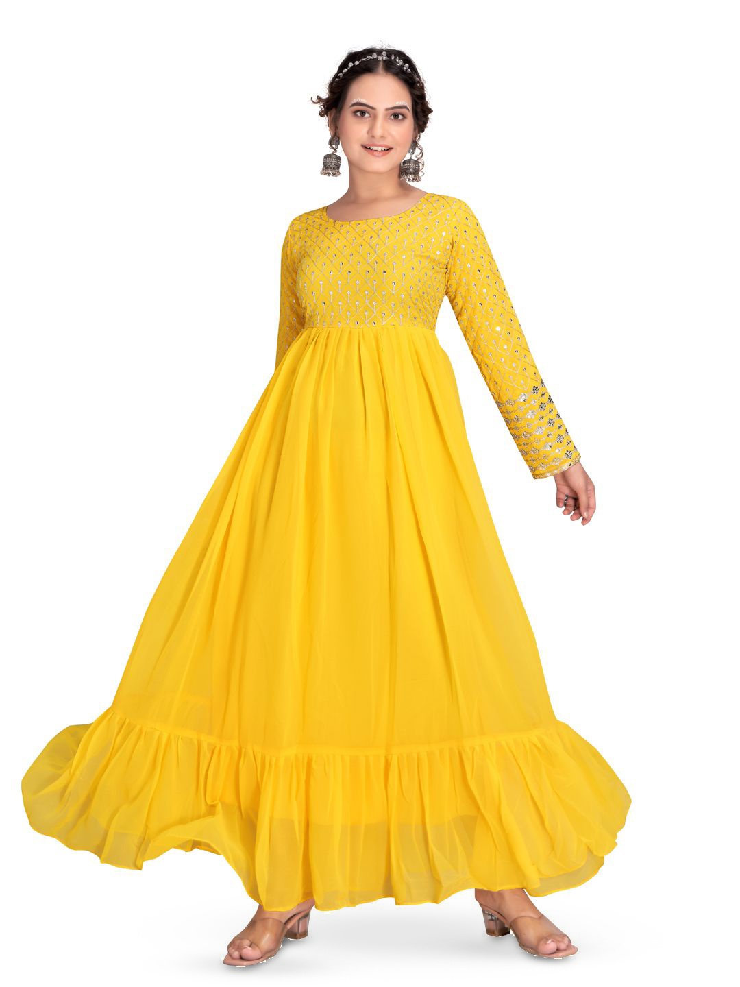 

AKSHARAM Floral Embroidered Georgette Fit & Flare Maxi Dress, Yellow