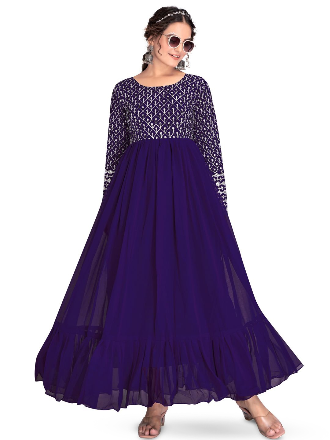 

AKSHARAM Floral Embroidered Georgette Fit & Flare Maxi Dress, Navy blue