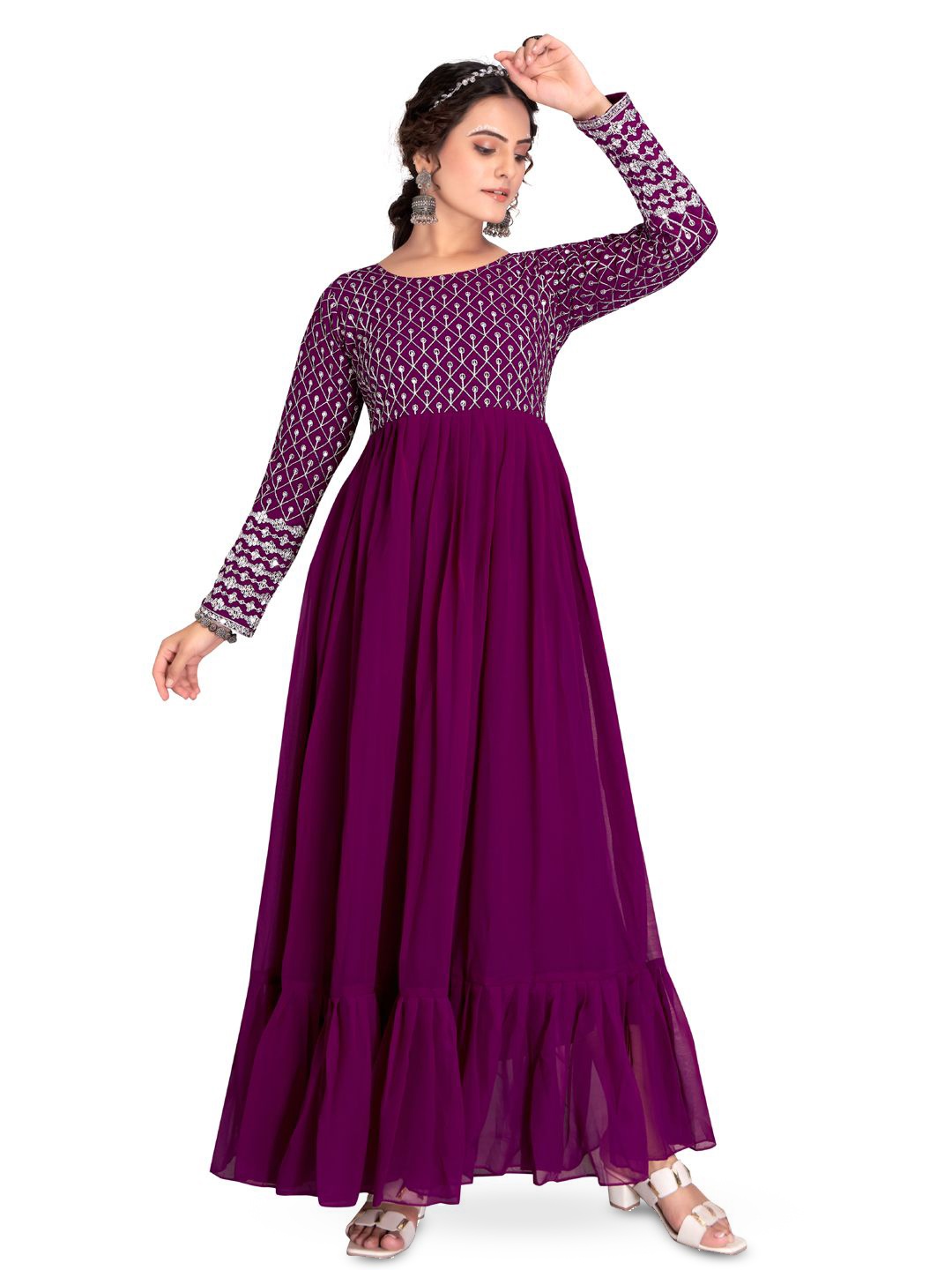 AKSHARAM Floral Embroidered Georgette Fit & Flare Maxi Dress, Purple