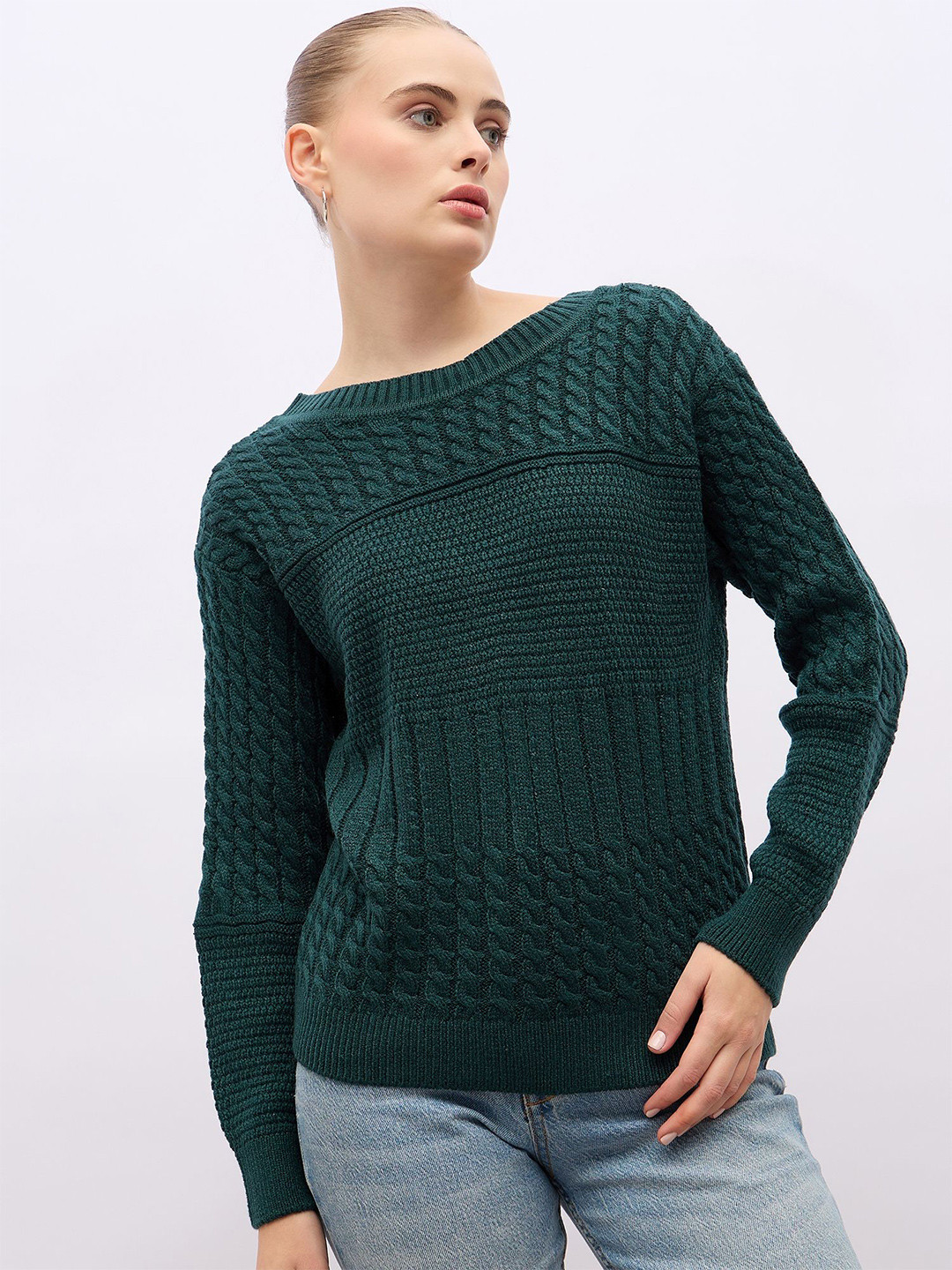 

Styli Women Regular Length Regular Fit Textured Sweater, Green